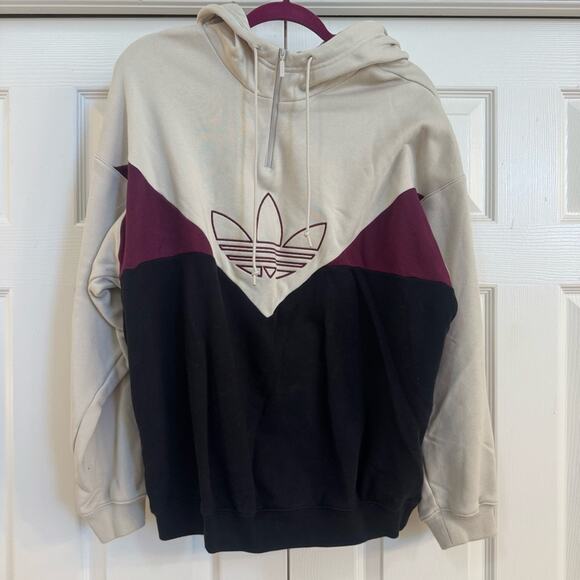 Adidas Women’s Half Zip Trefoil Hoodie Beige Burgundy Black Size L Three Stripes - Picture 2 of 7